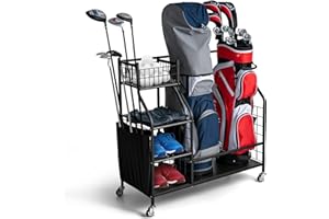 ‎COSTWAY COSTWAY 4 in 1 Golf Organizer, Golfschläger-Organizer mit Rollen, für 2 Golftaschen & Golf-Zubehör, Golftaschenregal mit Haken & Korb für Golfbälle & 3 Ablagen aus Metall