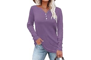WNEEDU Chemise Femme à Manches Longues Henley T-Shirt Pull Décontracté Tunique Blouse Col V avec Boutons