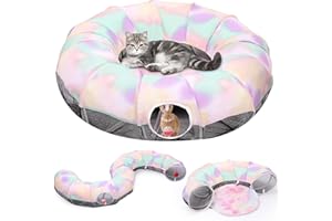 Pawaboo Cat Tunnel Bed, Cat Tunnels with Splicing Cat Donut Tube and Central Mat, Interactive Cat Cave Hideout Foldable Indoor Kitty Toys with Bell Ball, Great for Kitten Rabbit Small Medium Cats