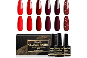 Shining She Esmalte Semipermanente Rojo,6 Colores Rojo Oscuro Glitter Rojo,Exquisito Pintauñas Semipermanentes Soak-Off UV LED Esmaltes Semipermanentes Para Uñas Fácil de DIY en Casa,8ML