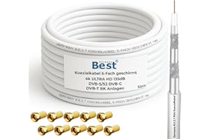 Germany B.e.s.t Coaxial Cable 50 m SAT Cable | 4K Ultra HD | Class A+ | DVB-S/S2 DVB-C DVB-T BK Systems | 5x Shielded | 135dB | Antenna Cable | Coaxial Cable | 10x F-Connector