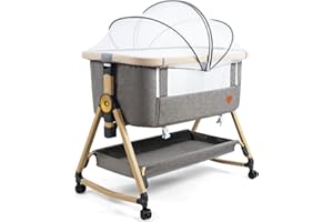 Maydolly Baby Crib, Cradle, Bedside Crib Co-Sleeping, Travel Cot, Baby Cot with Mattress Breathable Net Detachable Side, 6 Level Adjustable Height, for Infants Newborn Grey