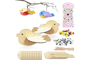 BARVERE 3D Vögel aus Holz, 16 Stück 3D Vögel Bastelset Holz Kinder, Ostern Basteln Kinder mit Aufkleber, Wooden Bunny und Chick Painting, 16 pieces Easter crafts for children