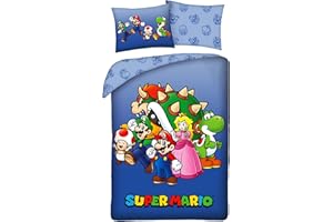 HALANTEX Parure da letto Super Mario blu, copripiumino reversibile 140 x 200 cm + federa, 100% cotone
