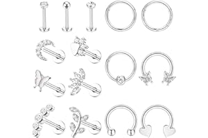KRFY Piercing Tragus Joyería Cartílago de Acero Quirúrgico Hélice Piercing Tragus Hipoalergénico Circonita Cúbica Espalda Plana Pendientes de Tachuelas Rings de Piercing Oreja para Mujer Plata 16G