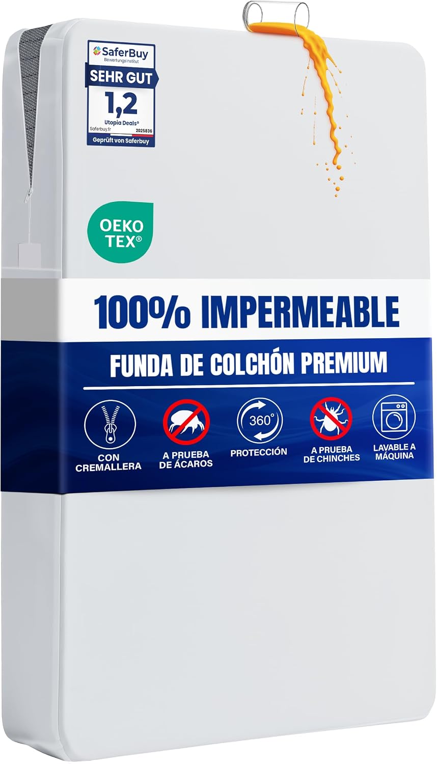Utopia Bedding Funda de Colchón 135 x 190 x 30 cm Impermeable con Cremallera, Certificado Oeko-Tex, Cubre Colchon