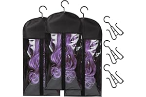 Poraceous 3 Pièces Perruque Sac, Sac de Rangement Anti-Poussière Portable, 29 x 60 cm Sacs de Perruque à Suspendre, avec Crochet et Fermeture Éclair, pour Extensions de Cheveu et Perruques(Noir)