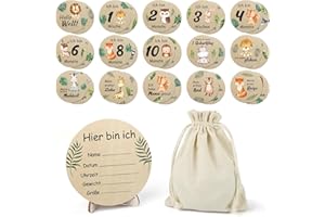WEKUW Holz Meilensteinkarten Baby,15 Meilensteine auf edlen Holzscheiben, Meilensteinkarten Schwangerschaft, Meilensteinkarten Baby Holz mit farbigen Tierchen bedruckt,Geschenkideen für werdende Mütter