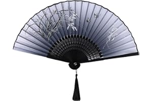 Yukiyi - Éventail pliable à main pour femme, en bambou et tissu de soie, avec pompon - Décoration murale, fête de mariage - Blanc et noir