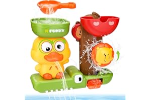 Acsatont Jouet Bain Bébé, Jouets de Bain pour Bebe 1 2 3 Ans Jouet de Bain Cascade Interactif Caneton et Lion Jouet de Bain avec cuillère à Eau Cadeaux pour Garçons Filles