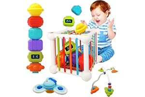 GOUJFOL Cubo attività Montessori Giocattoli, Giochi Bambini Cubo Interattivo, Giocattoli Montessori per 1 Anno,Baby Sensory Bin Shape Sorter Cubo Colorato, Regalo per Bambino 1 2 3 Anni