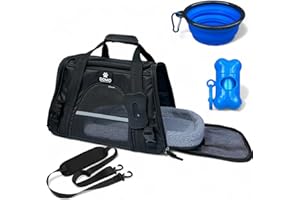 DOMO CORPORATION LTD Domo Airline Approved Cat & Dog Carrier - Soft-Sided Portable Pet Travel Bag for Small & Medium Pets - Foldable Cat Carriers with Fleece Mat, Bowl & Poop Bag Holder For Car/Airplane (M 43*25*28cm)