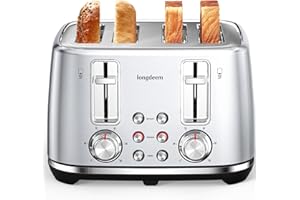 LONGDEEM Toaster 4 Slice, Extra Wide Slots Stainless Steel with High Lift Lever, Dual Independent Controls, Removable Crumb Tray, Easy to Clean, 6 Shade Settings, Reheat & Frozen, Silver