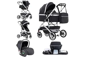 Kakbgee 3 in 1 Baby Stroller, City Pram Travel System, Pushchair One-Click Folding, Baby Buggy, Carrycot & Car Seat Unit with Mosquito Net, High Landscape Stroller for Newborn 0-4Years, Black
