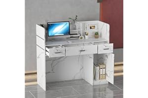 Caldion Banco di ricezione con 3 cassetti e ripiani, banco di ricevimento, tavolo di reception con pannello privato per salone, sala di ricevimento, cassa, lobby in marmo, 120 cm di larghezza x 48 cm