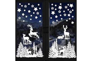 QUOHE Vetrofanie Natalizie per Finestre, Adesivi Finestra Natalizi Riutilizzabili Albero di Natale Renna Stelle Stickers, Grandi Bianche PVC Decorazioni Vetrofania Wallpaper per Vetrine Negozio Vetro Porte