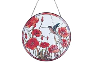 GALAG 7.8'' Hummingbird Suncatcher Stained Glass Suncatchers - Originally Designed Hummingbird Red Poppies Ornament for Sun Catcher Indoor Window | Gifts for Hummingbird Lovers Painted Glass Panel Decor