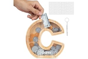 DONJIM Personalized Wooden Money Box, 7" Letter Piggy Bank, Clear Money Gift Box, Detachable Money Jar, with DIY Alphabet Stickers and Screwdriver, Alphabet C Money Tin