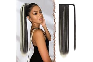 FESHFEN Coleta Postiza Larga Lisa, 60 cm Cola Extensiones Pelo Natural Sintética Postizos de Pelo Ponytail Cola de Caballo Extension para Mujeres, Castaño Oscuro Rubio Blanquecino