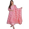 MEERA FAB Women's Cotton Printed Embrodriery Anarkali Kurta with Palazzo & Dupatta Set