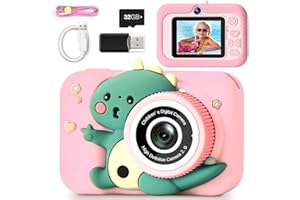 MILFECH 1080P HD 2,0-Zoll-Bildschirm KinderKamera, Digitalkamera Kinder mit Selfie Digital Video Kamera,mit 32GB-Karte für 3-12 Jahre Jungen und Mädchen Spielzeug Dinosaurier Fotoapparat Kinder(Rosa)