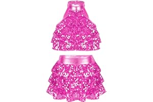 Jowowha Girls Sequins Dance Clothes Dress Sparkle Hip Hop Jazz Latin Dance Outfit Sleeveless Crop Top and Skirt