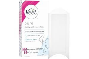 ‎VEET Veet Pure Kaltwachsstreifen für Körper, Arme & Beine - Haarentfernung für sensible Haut - Bis zu 28 Tage glatte Haut - 20 Kaltwachsstreifen