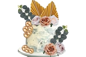 Pinenuts 22 Pcs Cake Toppers Decorations, Gold Balloon Cake Toppers, Paper Palm Fan Cake Toppers Artificial Rose Flowers Leaves Cake Decorations for DIY Birthday Party Wedding Valentine's Day (Gold)