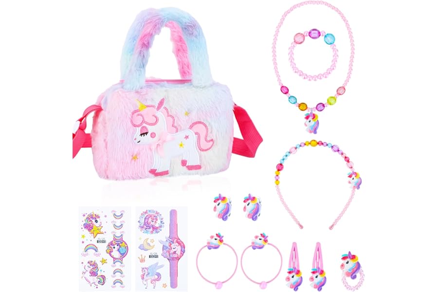 Zuimei Unicorn Jewellery Set for Girls - Crossbody Bag, Handbag, Bracelets, Necklaces & More - Ages 3-8 Girls Birthday Presents multiple