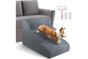 MIDOUAUTOUK Dog Stairs 3 Steps for Small Dogs Cats Grey, Dog Steps Pet Ramp Ladder for Sofa Bed Non-Slip Foam with Removable Washable Cover, Send Lint Sticky Roller Set