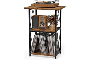 HFHOME Upgraded Expanded Surface Record Player Stand, 3 Tier End Table with Vinyl Record Storage, 50x40cm Record Player Table, Turntable Stand for Vinyl Player, Vintage Side Table for Storage Living Room