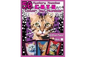 Mystery Mosaics Color by Number: 50 Cats: Pixel Art Coloring Book with Dazzling Hidden Cat Breeds, Color Quest on Black Paper, Extreme Challenges for Relaxation and Stress Relief |4mm Squares|: 3
