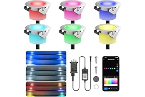 CHESBUNG 6-Pack WiFi Led Decking Lights,Ø45MM 12V Deck Lights Work with Alexa & Google Assistant,RGBP Dreamcolor Chasing Effect,IP67 Waterproof,Music Sync Timer Decking Patio Lighting Kits for Patios,Gardens