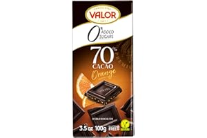 CHOCOLATES VALOR 1881 Valor Sugar Free Dark Chocolate Bar - Dark Diabetic Chocolate with Orange Pieces - Smooth Sugar free made with 70% Cacao Sweetened with Stevia, Gluten Free, Vegan, by Master Chocolatiers, 100g Bar