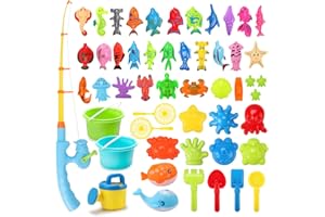 REMOKING 2 IN 1 Magnetic Fishing Toys Game & Beach Toys Set for Kids,Sand Toys for Toddlers W/Bucket,Sand Molds,Sand Shovel Tools,Fishing Games for Baby Bath Toys,Outdoor Toys for kids 3-10 Age