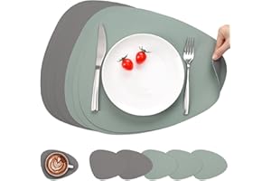 Myir JUN Leather Table Mats and Coasters, Placemat Round PU Waterproof Dual-Sided Kitchen Place Mats Coffee Mats Non-Slip Washable Placemats and Coaster Sets 6 (Set of 6, Gray Sage green)