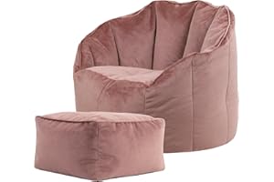 ‎ICON Icon Sirena Sitzsack Sessel mit Hocker für Erwachsene, Rosa, Flauschiger Samtstoff, Riesen Sitzsack Samt mit Füllung, Bean Bag Chair, Bequemer Sessel Wohnzimmer, Lounge, Schlafzimmer, Büro
