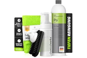Pol Star Basic Set: Koch Chemie Pol Star Textil Leder Alcantara Reiniger 1L + Foam Bottle 150ml + Bürste + Mikrofasertuch 40×40 | Schaumauftrag für kontrollierte Reinigung & saubere Abnahme | 4-teilig