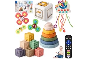 VoMii 18Pcs Baby Toys 6-12-18 Months, Montessori Toys for Babies Newborn Teether Sorting Stacking Blocks Spinner Toy Activity Cube Pull Push Sensory Toy for Toddlers 1-2-3 Years