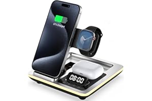 Aimtel 5 in 1 Foldable Charging Station compatible with Apple Watch Ultra 2/10/9/8,iPhone 16/16 Pro Max/16 Pro/16 Plus/15/14,Air-Pods Pro 4/3/2 with Alarm Clock and Nightlight Apple Wireless Charger