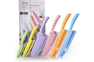 hecef Cuchillos Cocina, Juego Cuchillos Cocina Profesional de 6 Piezas Acero Inoxidable, Cuchillos Carne Afilado con Fundas Protectoras, Colorido Cuchillo Multifuncional, Apto para Lavavajillas