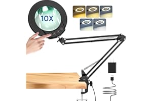 mandland 10X Lupe mit Licht und Klemme, beleuchtete Lupe aus echtem Glas mit 5 Farbmodi und stufenloser Dimmbarkeit, freihändige Schreibtischlampe für Hobbys, Basteln, Lesen und Naharbeit (schwarz)