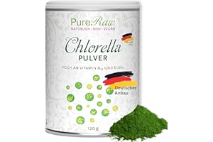 ‎PURERAW Chlorella Pulver aus Deutschland - Regional, Rein & Kontrolliert (Roh Vegan) Algen reich an Vitamin B12 Eisen Spermidin Chlorophyll - Grüne Mikroalge Chlorella Vulgaris Powder - PureRaw 120g