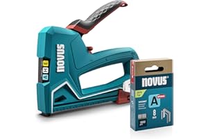 ‎NOVUS TOOLS NOVUS TOOLS Handtacker J-50 Set mit 1800 Klammern │ Profi-Tacker für Holz mit Aluminium-Gehäuse, Schlagkrafteinstellung, Distanzanschlag │ Für Feindrahtklammern 6-14 mm und Nägel 16 mm