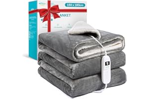 ALLJOY Coperta Elettrica, 180 x 150cm Coperta Riscaldante Elettrica Pegnimento Automatico, 9 Livelli di Riscaldamento, Flanella, 8.5FT Cavo di Alimentazione, Lavabile in Macchina, Casa&Ufficio Regalo