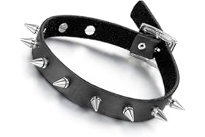 Flongo Women's Men's Gothic Fashion Alloy Rivet Black Red Brown Leather Spiked Necklace Neckband Adjustable Buckle Choker, Fit 13-15 inch