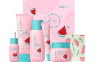 QUIYUM Set de Soins de la Peau à la Niacinamide et à la Pastèque, Coffret Cadeau pour Adolescents avec Gel Nettoyant, Tonique, Crème Contour des Yeux, Crème et Sérum, Routine Glow Up pour Femmes