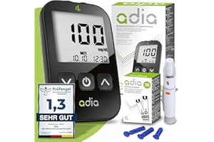 adia Blutzuckermessgerät (mg) mit 60 Blutzuckerteststreifen, 10 Lanzetten, 1 Stechhilfe, 1 Etui, Sparset zur Blutzucker-Selbstkontrolle bei Diabetes