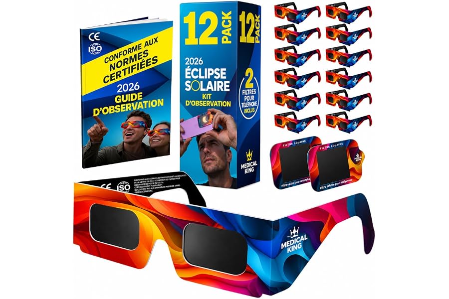 Lunettes Eclipse Solaire 2026 – Lot de 2/12/20 Paires Premium avec 2 Filtres Solaires pour Smartphone, Lunettes Eclipse Solai