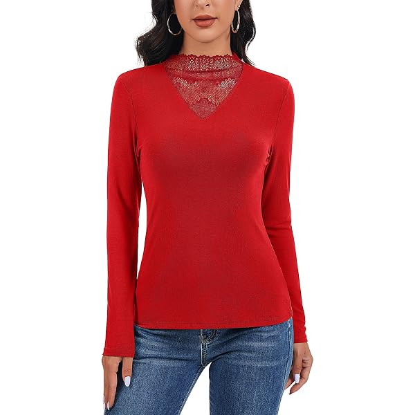 bgyujn Top in pizzo con colletto alto, da donna, set termico, a maniche lunghe, girocollo, elasticizzato, comoda maglietta da donna, beige., M